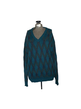 Men's Signor Angelo Sweater Size S Teal V-Neck Argyle